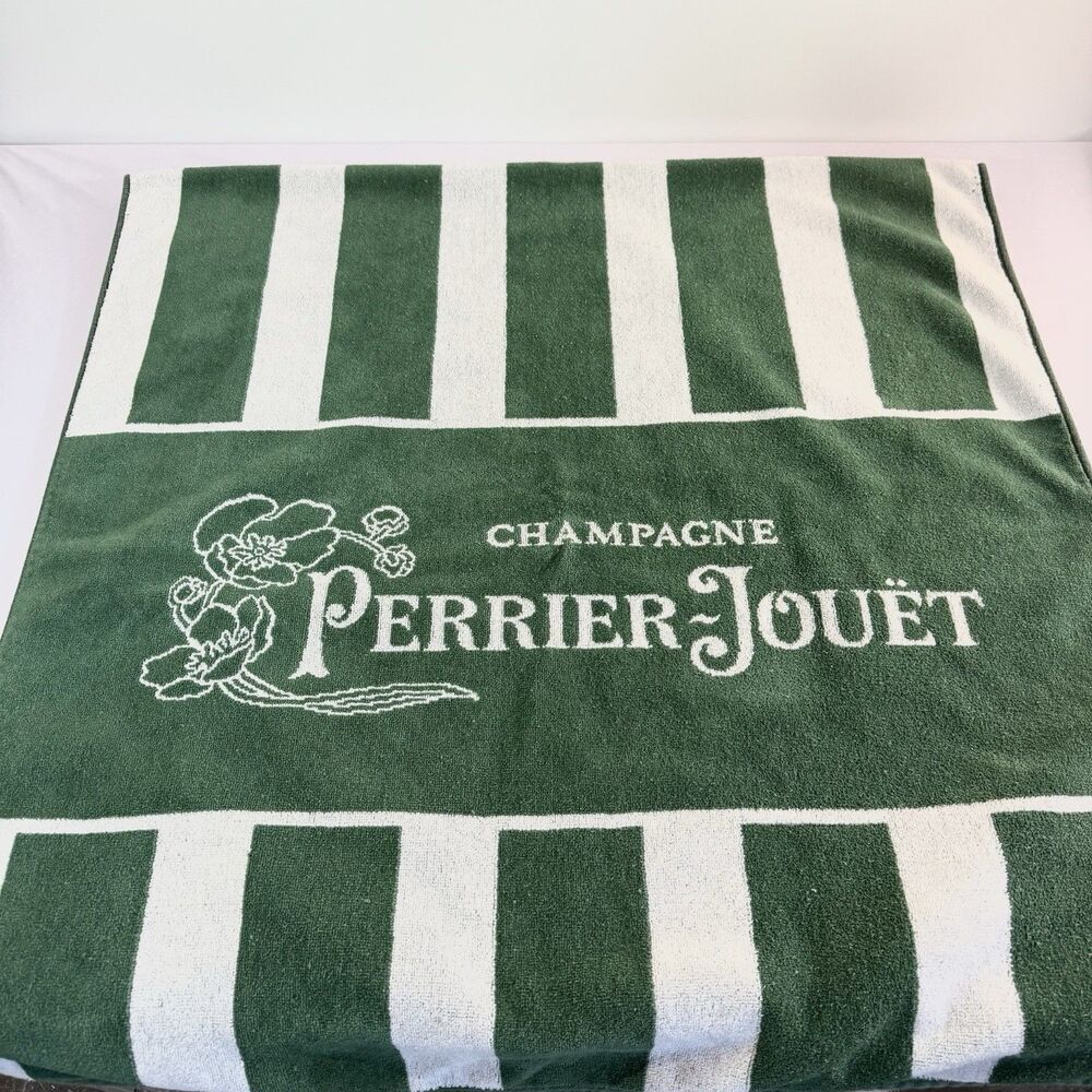 Vintage Perrier Jouet Champagne Green White Bath Beach Towel USA Made 66x30